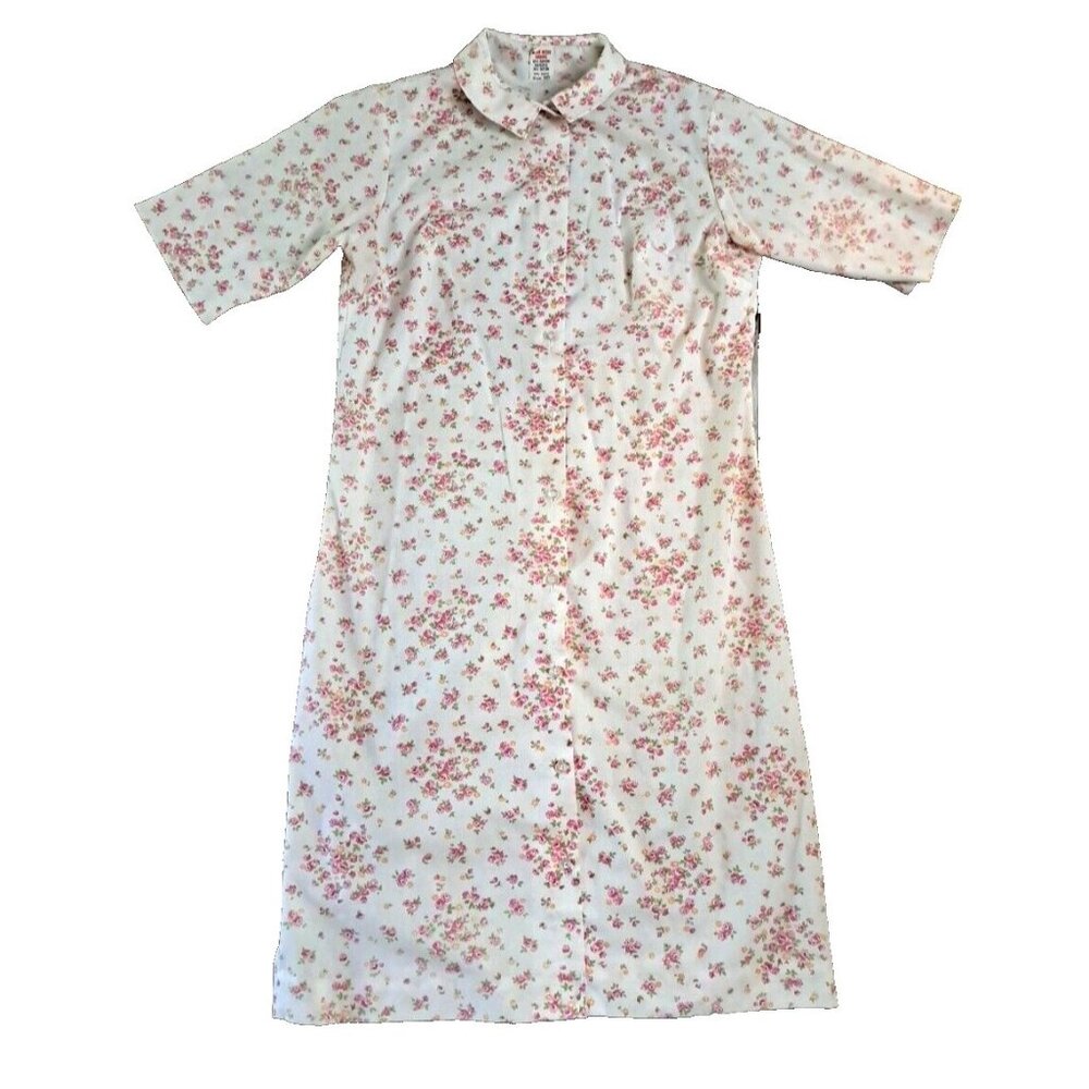 VTG Women's House Coat Robe 1960s Button Down Pink Orange Floral Short Sleeve M